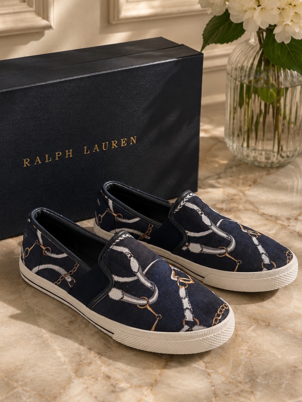 Lauren Ralph Lauren Jinny Black Equestrian Chain Print Slip On Sneaker Shoes 7.5